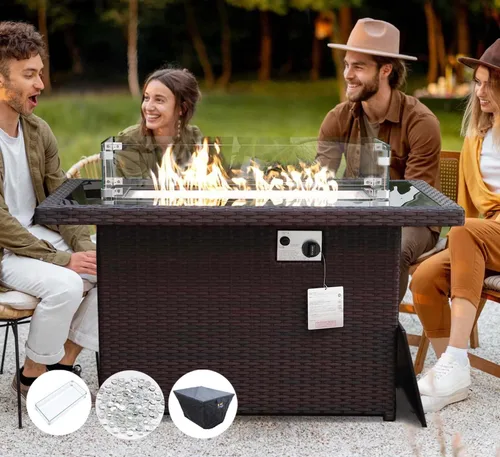 Vista 7 de NICESOUL Mesa de Hoguera de Mimbre para Exteriores de Gas Natural/Propano, Mesa de Hoguera Rectangular de 43'' para Exteriores, Mesas de Chimenea