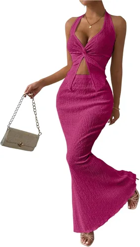 Vista 32 de SOLY HUX - Conjunto de dos piezas de verano para mujer, con parte superior tipo camisola con cuello halter, nudo frontal y falda marrón (Plain Brown)