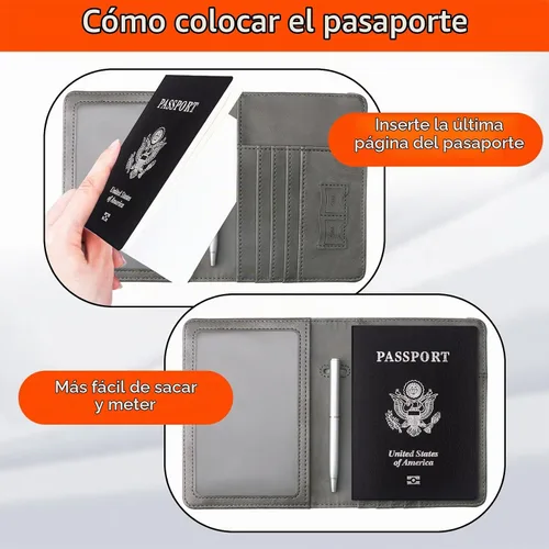 Vista 8 de WALNEW - Cartera para pasaporte de viaje, funda para pasaporte con bloqueo RFID, color gris