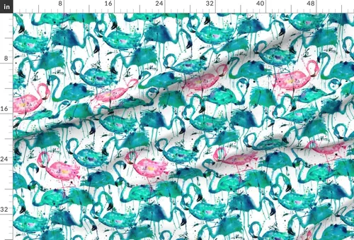 Vista 2 de Spoonflower Tela: verde azulado, rosa, flamencos, salpicaduras, acuarela, pájaros, verano, tropical, estampado en tela de gasa de cuarto grueso