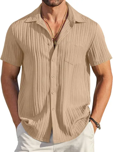 Vista 21 de COOFANDY - Camisas de botones casuales para hombre, de manga corta, con textura, camisa de playa de verano con bolsillo