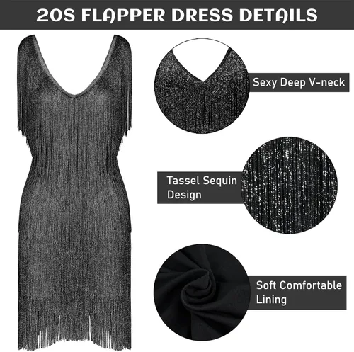 Vista 3 de PLULON Vestido Flapper para mujer, estilo Gatsby de los años 20, con lentejuelas y flecos, cuello en V, vestidos de los años 20, disfraces