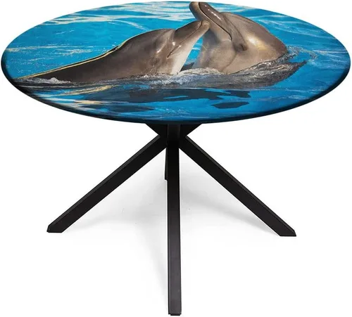 Vista 2 de Mantel redondo de vinilo ajustable, mantel de poliéster con estampado de delfín, diseño de delfines de San Valentín, bailando, se ajusta a mesas