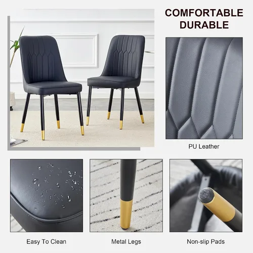 Vista 3 de Juego de 2 sillas de comedor modernas, color negro, sillas de cocina de piel sintética, sillas laterales tapizadas con patas de metal, sillas sin