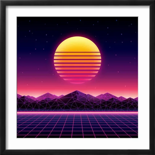 Vista 2 de ART.COM Wall Art Print Retro Futuristic Background 1980S Style. Digital Landscape in a Cyber World. Retro Wave Music Album on Black Frame by Kelvin