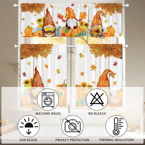 Vista 7 de pinata Juego de 3 cortinas de otoño para cocina, cenefa de cortinas de ventana de Acción de Gracias, cortina escalonada con bolsillo para barra