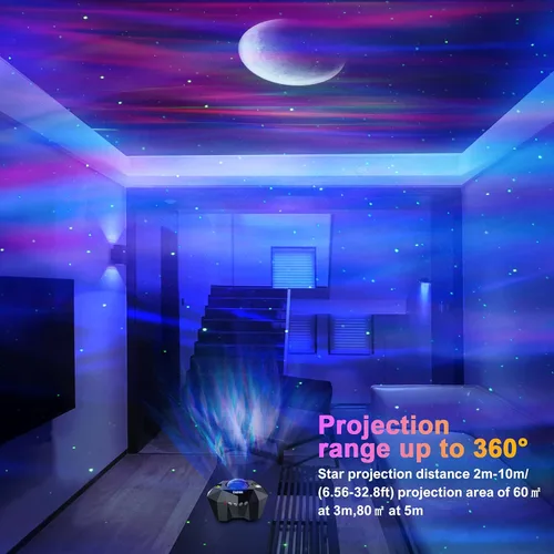 Vista 5 de Cadrim Proyector de estrellas con altavoz Bluetooth y control remoto, proyector de galaxia, luces del norte, proyector Aurora con estrella lunar