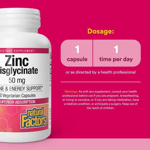 Vista 3 de Natural Factors Bisglicinato de zinc 50 mg - Suplemento de zinc altamente absorbible - Apoyo inmunológico - Apoya la salud de la piel y el cabello