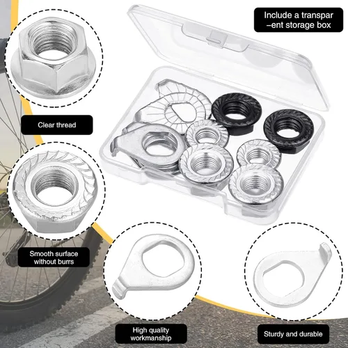 Vista 3 de 12 tuercas de eje y arandelas de seguridad, 3 tamaños, delanteras y traseras ebike replacement parts,steel flange, wheels mountain road bicycle