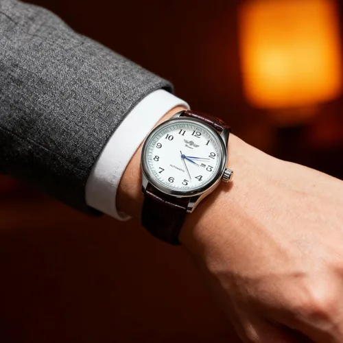 Vista 2 de Gute Reloj para hombre, esqueleto mecánico, steampunk, automático, automático, números arábigos, manos azules, marrón, cuero sintético, reloj