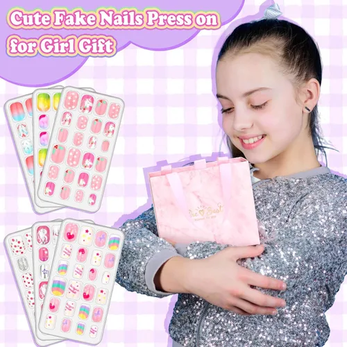 Vista 2 de 144 Piezas de Uñas Postizas a Presión para Niñas, Uñas Postizas para Niñas con Kit de Pegamento, Lindas Puntas de Uñas con Adhesivo de Uñas