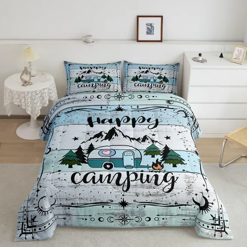 Vista 9 de Erosebridal Juego de edredón de cabaña de cabaña, juego de ropa de cama individual para niños, edredón de campamento con temática de campamento