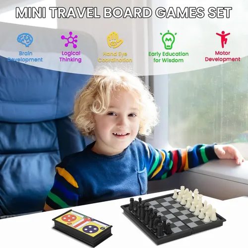 Vista 3 de Juego de mini juegos de viaje 5 en 1 con 4 tableros de ajedrez plegables y 5 juegos de piezas de ajedrez, damas magnéticas, ajedrez, ludo, reversi