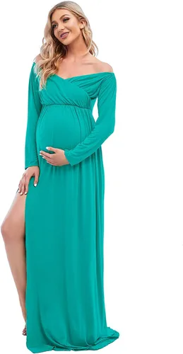 Vista 3 de ZIUMUDY Vestido de maternidad fuera del hombro envuelto para sesión de fotos de manga larga con hendidura lateral Maxi vestido de ducha de bebé