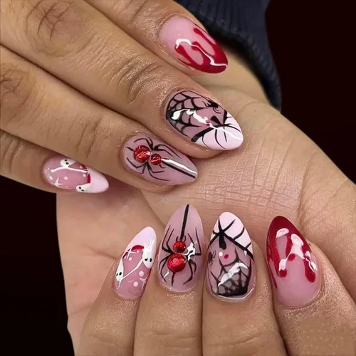 Vista 22 de Uñas postizas a presión de Halloween, uñas postizas de almendra, cobertura completa, uñas postizas rojas con diseños de gotas de sangre, punta 14