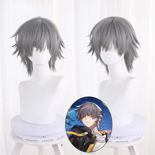 Vista 5 de XiongXiongLe Peluca gris para hombre, cosplay, Trailblazer masculino, peluca de repuesto de pelo corto, para adultos, fiesta de juegos de anime