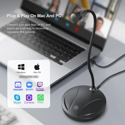 Vista 2 de Micrófono de instrumento para cantar, podcasting, grabación de video de voz, micrófono USB de escritorio Plug & Play para PC con botón de silencio e