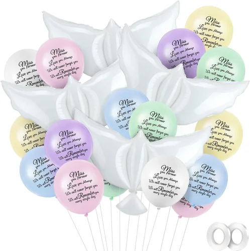 Vista 10 de Skylety 36 globos conmemorativos con 4 globos de paloma de la paz para liberar en recuerdo del cielo, decoraciones de helio para funerales, Negro