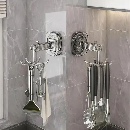 Vista 3 de Ganchos colgantes para utensilios de cocina, colgador de pared, gancho plegable giratorio de 360°, gancho de ventosa fuerte, estante para utensilios