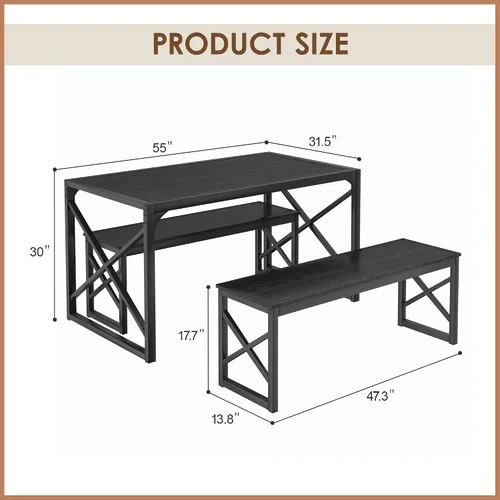 Vista 2 de VECELO Juego de mesa de comedor de cocina de 55 pulgadas para 4, marco de acero resistente y mesa de grano de madera, juegos de comedor que ahorran