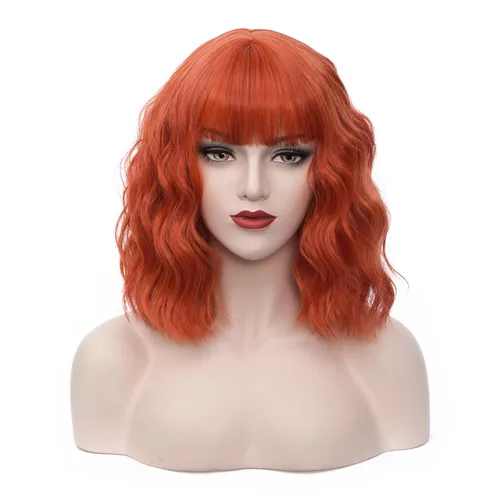Vista 9 de Cying Lin Peluca corta ondulada y rizada con flequillo azul para mujer, peluca para cosplay, Halloween, resistente al calor, peluca de fiesta