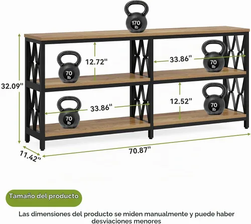 Vista 2 de LITTLE TREE Mesa consola con estantes de almacenamiento, mesa industrial de 3 niveles de 70.9 pulgadas para sala de estar, mesa larga de vestíbulo