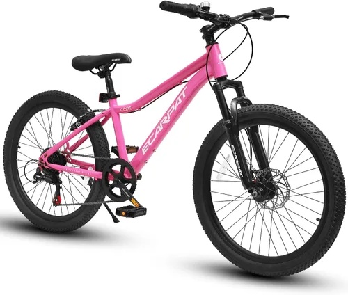 Vista 12 de Ecarpat Bicicleta de montaña para niños y niñas, 20 y 24 pulgadas, suspensión delantera, bicicleta de montaña todo terreno, bicicletas de montaña