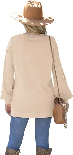 Vista 5 de WIHOLL Sudadera para mujer con cuello redondo, manga de globo, dobladillo dividido, elegante y casual