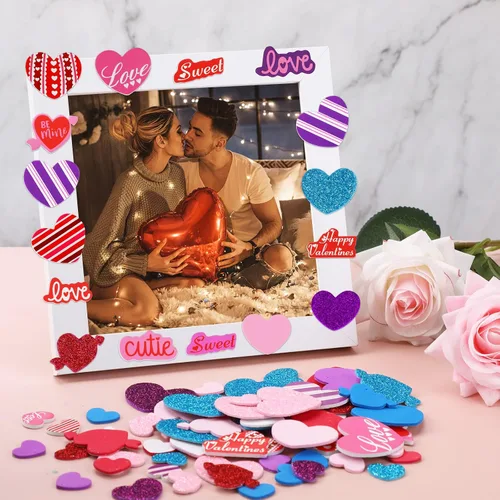Vista 5 de JULBEAR 300 calcomanías de espuma de corazón para el día de San Valentín, con brillantina, autoadhesivas, coloridas calcomanías de espuma mixta