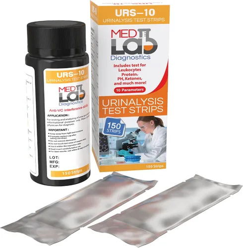 Vista 3 de Med Lab - Tiras de prueba de orina de 10 parámetros para análisis de orina, 150 tiras (Bolsas selladas) Pruebas de cetosis, pH, proteínas