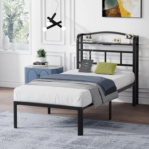 Vista 6 de SHOANED Base de cama de metal de 14 pulgadas, base de colchón básica de plataforma resistente de color negro con cabecera y estación de carga,