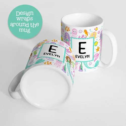 Vista 3 de Taza personalizada de sirena para niños con nombre e inicial, polímero ligero