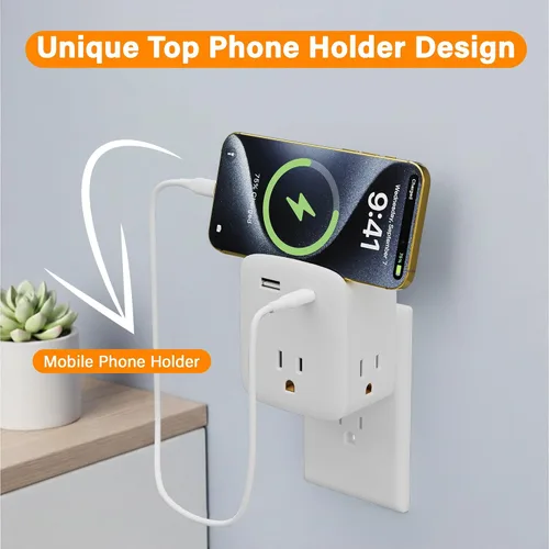 Vista 4 de Extensor de toma de corriente múltiple, 3 salidas de CA con 2 puertos de carga USB (1 USB-C/1 USB-A), regleta de alimentación de 3 lados con labio