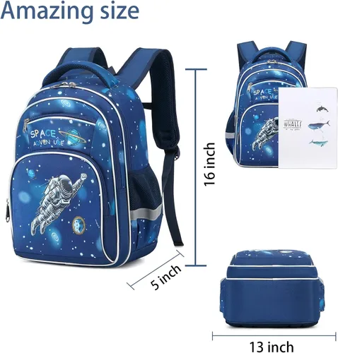Vista 6 de Mochila para niños, mochila de 16 pulgadas para niños de preescolar primaria de jardín de infantes, bolsillos laterales con correa en el pecho, Azul