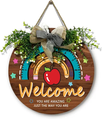 Vista 9 de Señal de puerta de maestro para aula Dacawin Señal de puerta de aula de madera para maestros Guirnalda de arco iris para puerta de aula Placa