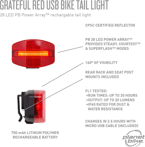 Vista 7 de Planet Bike Luz trasera de bicicleta USB roja de Grateful 4.5 x 2.25 x 2.75
