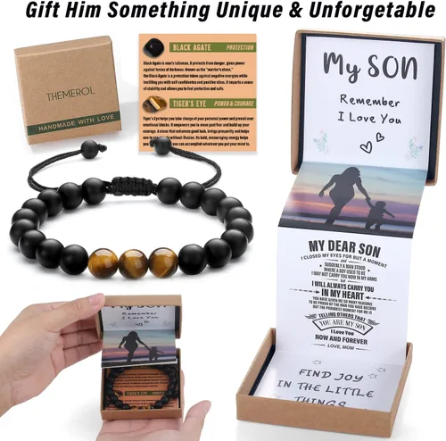 Vista 15 de Pulsera de cristal natural para adolescentes, niños, hombres, caja de regalo extraíble especialmente para hijo, nieto, papá, amor en cumpleaños
