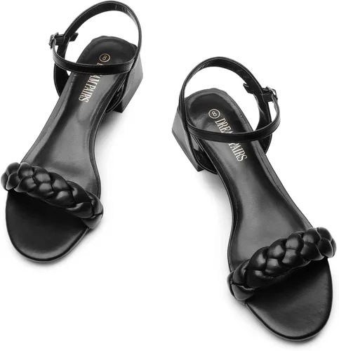 Vista 23 de DREAM PAIRS Zapatos de tacón bajo para mujer con correa de tobillo y puntera abierta trenzada, tacón grueso, sandalias de tacón grueso para fiestas