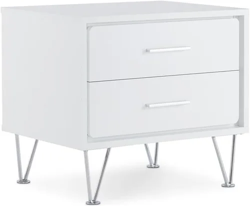 Vista 9 de Acme Deoss Mesita de noche rectangular de madera con 2 cajones con patas en forma de V en nogal