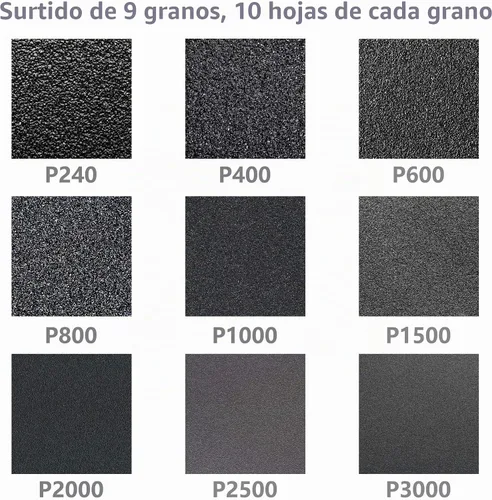 Vista 3 de Papel de lija húmedo y seco, grano surtido 240-3000 para lijado automotriz y de madera, 90 hojas