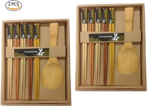 Vista 3 de WPYST - Juego de 2 palillos japoneses + 2 palillos japoneses + 2 paletas de arroz en una bonita caja de regalo, juego de madera natural (D13265 x 2)