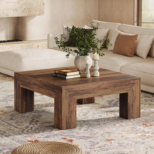 Vista 7 de Tribesigns Mesa de centro de 39.4 pulgadas cuadrada para sala de estar, mesa de té y cóctel estilo granja toda de MDF con patas de madera Marrón