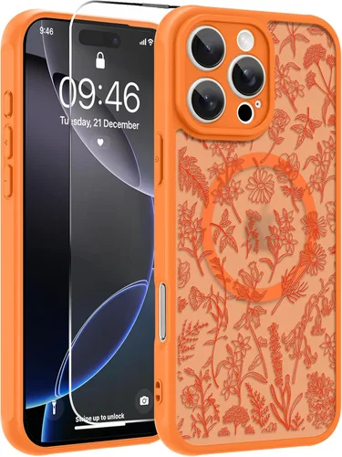 Vista 39 de OOK Funda magnética para iPhone 13 Pro Max [compatible con MagSafe] Funda delgada translúcida mate con flor silvestre negra, protección para lente