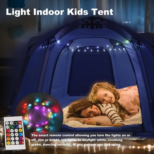 Vista 5 de Tienda de campaña hexagonal portátil para niños con tira de luces LED para interiores, casa de juegos para niños, tienda de campaña de ensueño