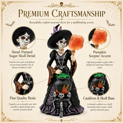 Vista 8 de Comfy Hour Figura de bruja del Día de los Muertos de 8 pulgadas, decoración Cocinar bruja