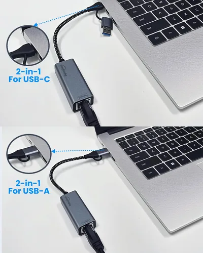 Vista 5 de Adaptador Ethernet USB 2.5G, adaptador de red USB-C y USB-A 2 en 1 a RJ45 compatible con portátil/PC, Windows, Mac, Linux, Plug & Play