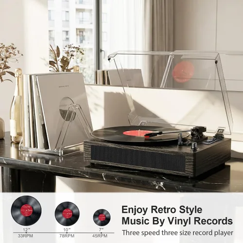Vista 4 de Tocadiscos de vinilo vintage con altavoces integrados, tocadiscos de 3 velocidades por correa, reproducción Bluetooth, grabación USB/TF, parada
