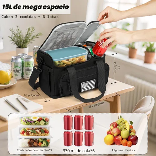 Vista 3 de Fiambrera para hombres y mujeres, bolsa de almuerzo aislada de 15 litros con compartimento caliente/frío