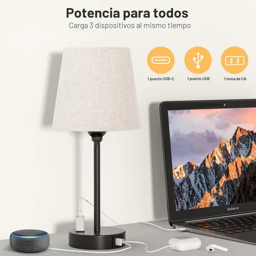 Vista 2 de Mini Lámparas de Mesita de Noche para Dormitorios Juego de 2 - Lámparas de Mesita de Noche para Dormitorio con Puerto USB C y Toma de Corriente AC