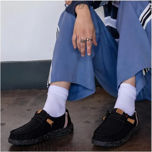 Vista 7 de Hey Dude Wendy de lona lavada para mujer Zapatos de mujer Mocasines con cordones para mujer Cómodos y ligeros Negro
